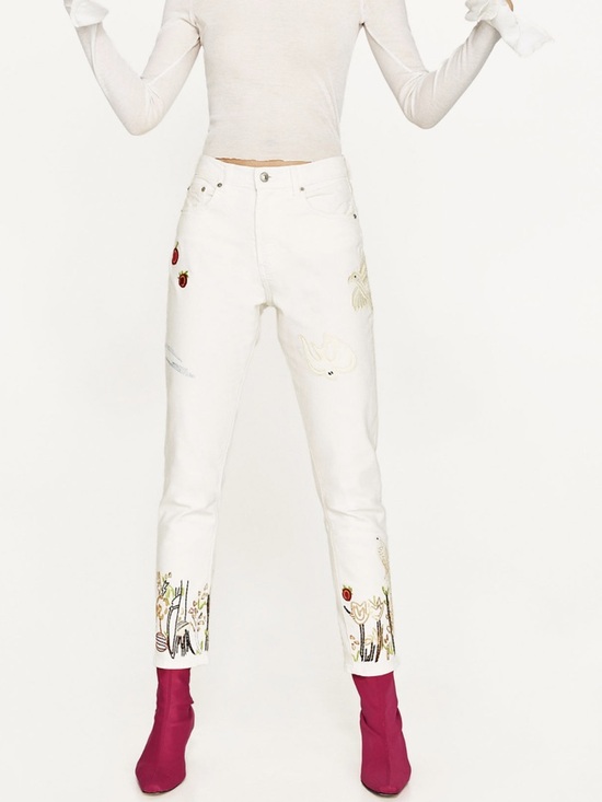 Zara Denim - NWT! Zara Vintage High Waist Straight Leg Jeans White Multi Color Embroidery 4